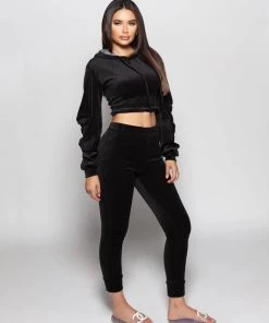 Love And Labels Velvet Cropped Hoodie Set LOUNGEWEAR