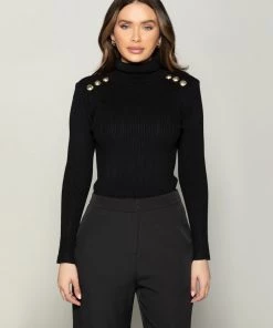 Love And Labels Ribbed Gold Button Turtleneck